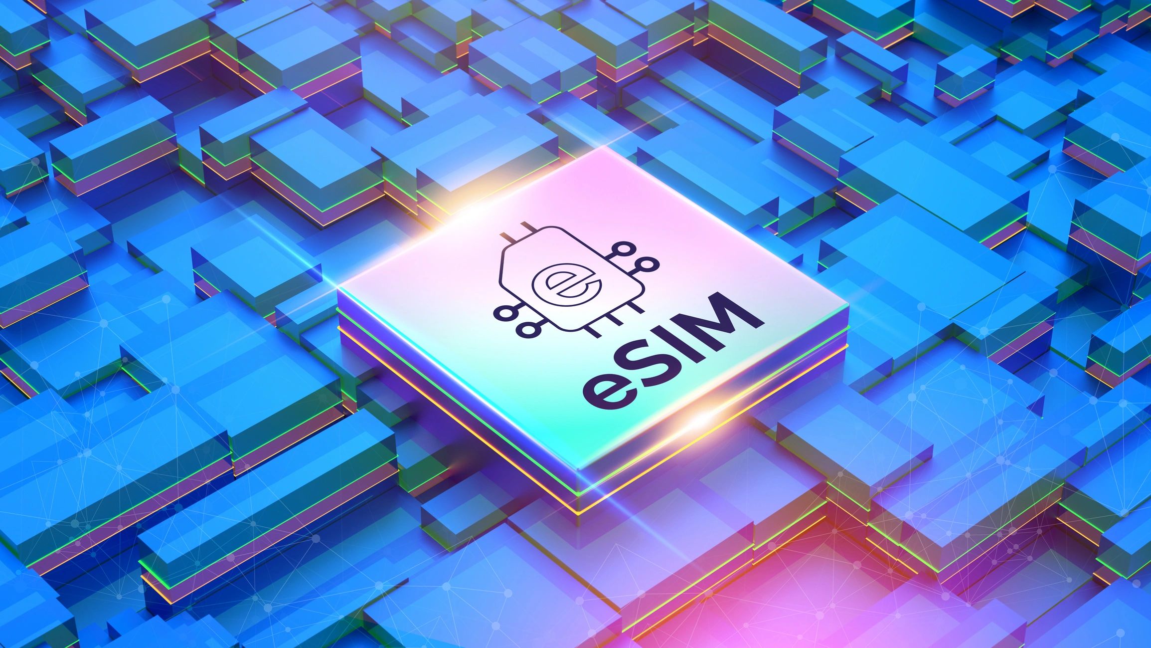 eSIM icon on a circuit board representing embedded SIM technology